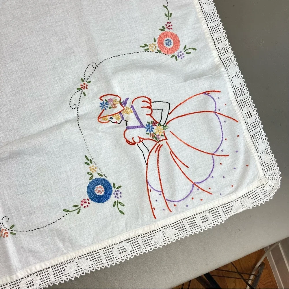 Vintage Hand Embroidered Linen & Lace Tablecloth Crinoline Ladies in Hoop Skirts